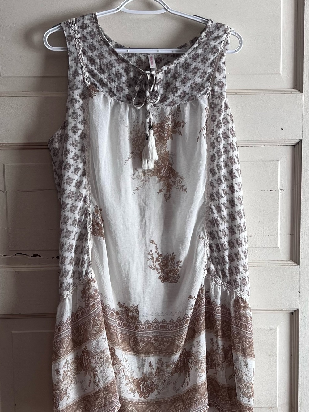 Boho Tassel Tie White and Brown Sleeveless Dress
